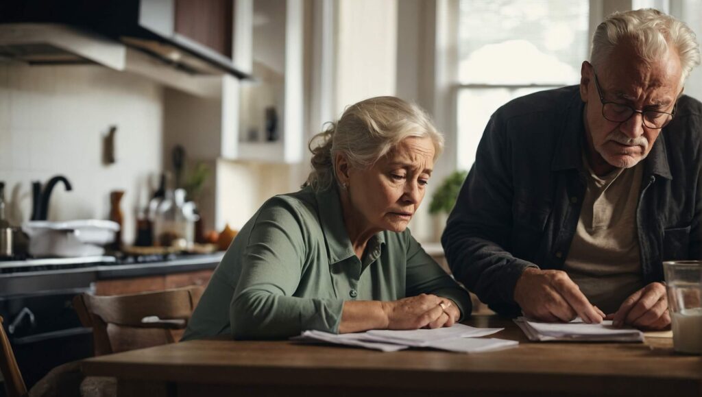 Two elderly couples sitting at a kitchen table, discussing foreclosure options and seeking solutions.