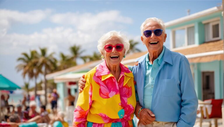 wo retirees smiling on a sunny beach.