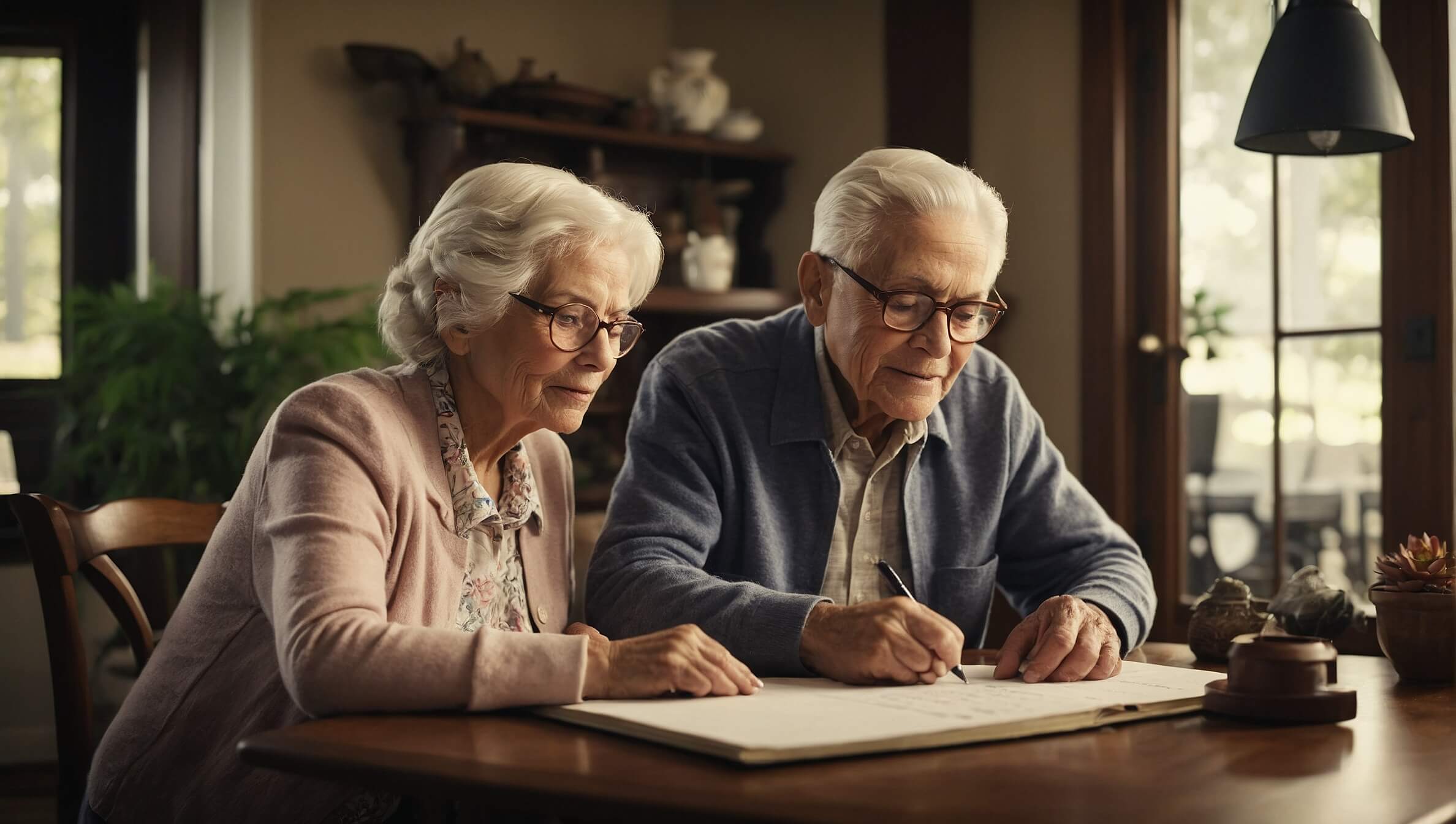 Elderly couple smiling at kitchen table, ready to enjoy retirement while their children prioritize their well-being over their home.
