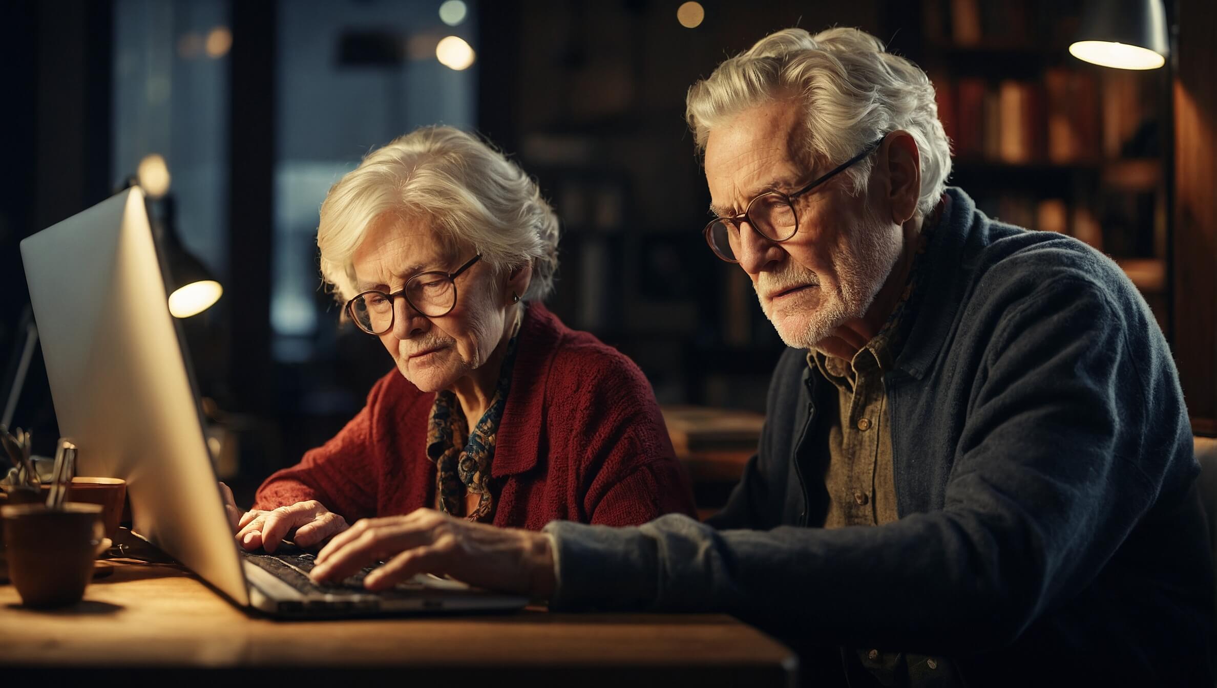 An older couple, baby boomers, seated at a computer desk, researching foreclosure prevention strategies online.