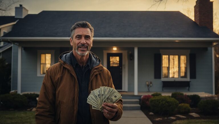 A relieved homeowner shakes hands with a buyer, avoiding foreclosure.