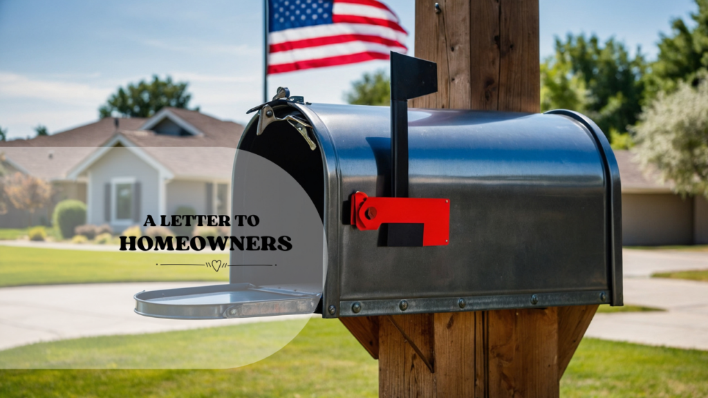 A mailbox belonging to a homeowner who hasn't paid their mortgage, receiving a letter offering help and guidance on available resources and steps to resolve the situation.